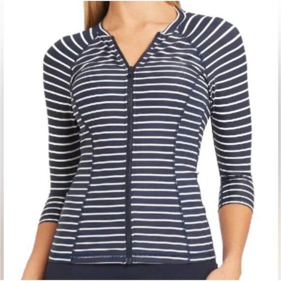 Sea Level Swim Chamarel 3/4 Sleeve Multifit Rash Vest Navy/White Womens US 8 NWT - Picture 1 of 6